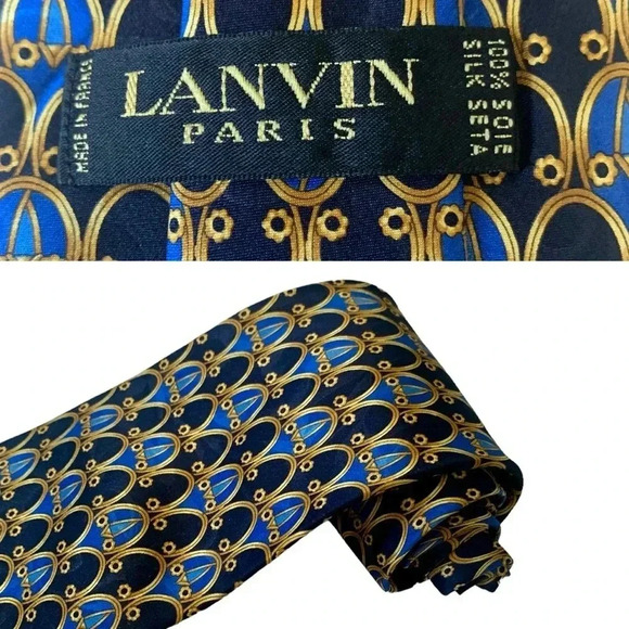 LANVIN Paris 100% Silk Made in France Blue and Gold Geometric Designer Neck Tie - Picture 1 of 7